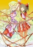  2girls ascot ashashio blonde_hair bound_together bow brown_eyes brown_hair chinese_commentary commentary_request detached_sleeves dress frilled_bow frills hair_bow hakurei_reimu hat hat_ribbon highres long_hair mob_cap multiple_girls purple_ascot purple_eyes purple_tabard red_bow red_ribbon red_skirt ribbon ribbon-trimmed_sleeves ribbon_trim rope shide skirt skirt_set tabard touhou very_long_hair white_dress white_hat yakumo_yukari yellow_background yuri 