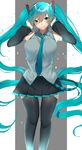  bangs bare_shoulders black_footwear black_legwear black_skirt boots breasts closed_mouth collared_shirt commentary_request cowboy_shot detached_sleeves eyebrows_visible_through_hair green_eyes green_hair green_neckwear grey_shirt hair_between_eyes hair_ornament hands_on_headphones hands_up hatsune_miku headphones highres legs_apart long_hair looking_at_viewer medium_breasts necktie onineko-chan pleated_skirt shirt skirt sleeveless sleeveless_shirt smile solo standing thigh_boots thighhighs tie_clip twintails very_long_hair vocaloid wing_collar 