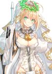  &gt;:) aestus_estus bangs belt blonde_hair blush bridal_veil c: chain closed_mouth commentary_request cowboy_shot detached_collar eyebrows_visible_through_hair fate/extra fate/extra_ccc fate/grand_order fate_(series) green_eyes hair_between_eyes hair_intakes hakuishi_aoi leotard lock looking_at_viewer nero_claudius_(bride)_(fate) nero_claudius_(fate)_(all) sidelocks simple_background smile solo tsurime v-shaped_eyebrows veil white_background white_leotard white_sleeves zipper 