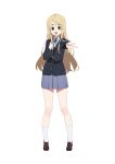  1girl absurdres black_jacket blonde_hair blue_eyes breasts chinese_commentary commentary_request feishi full_body hand_on_own_chest highres jacket k-on! kotobuki_tsumugi loafers long_hair neck_ribbon offering_hand open_mouth outstretched_arm pleated_skirt purple_skirt reaching reaching_towards_viewer ribbon sakuragaoka_high_school_uniform school_uniform shirt shoes simple_background skirt small_breasts socks solo standing teeth thick_eyebrows upper_teeth_only white_background white_shirt white_socks 
