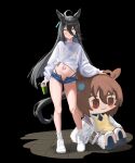  1girl absurdres agnes_tachyon_(tach-nology)_(umamusume) agnes_tachyon_(umamusume) ahoge animal_ears bandaid bandaid_on_knee bandaid_on_leg bikini black_background black_hair black_shirt blunt_ends calligraph character_doll closed_mouth collared_shirt commentary corset cup disposable_cup doll drinking_straw ear_ornament ear_tag earrings hair_between_eyes highres holding holding_cup horse_ears horse_girl horse_tail horseshoe jewelry lab_coat long_bangs long_hair long_hair_between_eyes long_sleeves manhattan_cafe_(umamusume) multicolored_hair navel parted_lips red_eyes see-through_clothes see-through_shirt shirt shoes simple_background single_earring smile socks solo standing string_bikini sweater swimsuit tail test_tube tied_shirt tile_floor tiles umamusume untranslatable_commentary very_long_hair white_hair white_shirt white_shoes white_socks yellow_background yellow_eyes yellow_sweater 