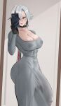  1girl absurdres alternate_costume arlecchino_(genshin_impact) ass black_eyes black_hair black_hands breasts cellphone choker colored_extremities commentary covered_abs covered_nipples covered_penis do_you_like_my_jewellery?_(meme) dongtan_dress dress english_commentary flaccid from_side futanari genshin_impact gigantic_penis highres holding holding_phone huge_ass impossible_clothes impossible_dress large_breasts lipstick makeup meme mirror_selfie multicolored_hair muscular muscular_female one_eye_covered penis phone red_hair see-through_clothes see-through_dress selfie smartphone solo soyasoce symbol-shaped_pupils testicles thick_thighs thighs white_hair x-shaped_pupils 