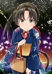  alternate_costume ayanami_(kantai_collection) brown_hair candy_apple fan food grey_eyes highres holding holding_food japanese_clothes kantai_collection kimono long_hair obi paper_fan sash side_ponytail smile solo uchiwa yukata yunamaro 