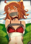  1girl ahoge arms_behind_back bdsm blush bondage bound bound_arms bow bow_bra bra breasts cad_(caddo) chaldea_logo choker cleavage fate/grand_order fate_(series) fujimaru_ritsuka_(female) gag gagged highres improvised_gag looking_at_viewer medium_breasts medium_hair navel one_side_up orange_bow orange_eyes orange_hair orange_scrunchie red_bra red_choker restrained scared scrunchie side_ponytail solo sweatdrop tape tape_bondage tape_gag underwear wide-eyed 