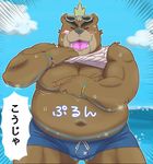  2017 anthro ashigara bear belly blush bulge clothing cloud eyes_closed eyewear front_view hi_res male mammal morkovjpn navel nipples outside overweight sky solo speedo sunglasses swimsuit tokyo_afterschool_summoners 