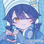  1girl amamiya_kokoro asahara blue_hair blue_theme commentary hair_ornament heart heart_hands nijisanji one_eye_closed simple_background star_(symbol) star_hair_ornament untranslatable_commentary virtual_youtuber x_(symbol) yellow_eyes 