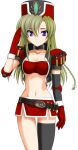  1girl 2000s_(style) asymmetrical_clothes bandeau belt belt_collar black_collar blue_eyes braid breasts cleavage closed_mouth collar crop_top detached_sleeves expressionless game_asset gloves green_hair hat large_variant_set long_hair mahou_senshi_(series) mahou_senshi_symphonic_knights medium_breasts microskirt midriff navel non-web_source official_art purple_eyes red_bandeau red_gloves red_hat red_skirt saitou_natsuki salute self-datamine serafy shoulder_pads simple_background single_detached_sleeve single_thighhigh skirt solo tachi-e thighhighs transparent_background ushanka variant_set 