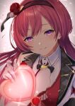  1girl amagase_muyu amagase_muyu_(ranunculus) bow bowtie breasts commentary_request eyebrows_hidden_by_hair gloves heart_wand highres long_hair looking_at_viewer medium_breasts nijisanji portrait purple_eyes red_hair smile solo sorano_(1_sorano) striped_bow striped_bowtie striped_clothes virtual_youtuber wand white_gloves 