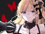  1girl black_choker black_dress blonde_hair blue_eyes bow braid bug butterfly choker closed_mouth commentary_request cross cross_earrings dress earrings fishnet_sleeves fishnets frilled_choker frills grey_background hair_bow highres jewelry long_hair looking_at_viewer mahou_shoujo_no_majo_saiban mole mole_under_eye portrait red_butterfly roku_aya_fuyu saeki_miria simple_background smile solo 