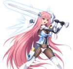  1girl angry armor blue_eyes blush bodysuit breasts cleavage detached_wings divine_heart_makina divine_heart_makina_(character) energy_wings fighting_stance game_asset gloves hair_ornament huge_weapon kagemusya kurusu_makina_(divine_heart_makina) large_breasts large_variant_set long_hair magical_girl non-web_source official_art open_mouth pink_hair self-datamine simple_background solo sword tachi-e thighhighs transparent_background variant_set very_long_hair weapon wings 