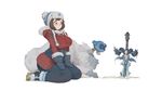  1girl all_fours alternate_costume blizzard_(company) boots coat company_connection fur fur_trim gaoerji gloves gorilla highres hood ice mei_(overwatch) overwatch planted_sword planted_weapon robot seiza simple_background sitting snow_boots snowball_(overwatch) sword warcraft weapon white_background winston_(overwatch) winter_clothes winter_coat world_of_warcraft yeti_winston 