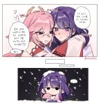  2girls animal_ears blush commentary detached_sleeves english_commentary english_text fox_ears genshin_impact heart highres hug japanese_clothes kimono long_hair multiple_girls nonons pink_hair purple_eyes purple_hair purple_kimono raiden_shogun snow snowing speech_bubble sweat yae_miko yae_miko_(fox) yuri 