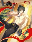  1boy black_gloves black_hair black_pants commentary_request eous_(zenless_zone_zero) gloves green_eyes hair_over_one_eye highres holding holding_towel jewelry kotatsu_kaya lighter_(zenless_zone_zero) male_focus navel necklace nipples on_bench pants red_pupils scar scar_on_arm scar_on_chest scar_on_stomach short_hair smile solo stomach topless_male towel zenless_zone_zero 