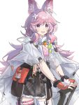  1girl :d animal_ear_fluff animal_ears arknights asymmetrical_legwear black_skirt blush chinese_commentary clothes_writing coat commentary cowboy_shot eyes_visible_through_hair fingerless_gloves fingernails fur-trimmed_skirt fur_trim gloves hair_ornament highres infection_monitor_(arknights) long_hair looking_at_viewer material_growth mismatched_legwear open_mouth orange_gloves oripathy_lesion_(arknights) penguinism pink_eyes pink_hair pink_thighhighs pouch round_teeth simple_background skirt smile solo standing teeth thighhighs thumpy_(arknights) upper_teeth_only white_background white_coat white_thighhighs 