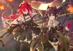  2girls arknights ascot black_dress black_hair black_horns breasts cleavage closed_mouth commentary_request demon_girl demon_horns dress entelechia_(arknights) gloves hair_between_eyes hair_horns hair_intakes highres holding holding_sword holding_weapon horns juliet_sleeves laevatein_(la3vatein) large_breasts long_hair long_sleeves looking_at_viewer md5_mismatch mole mole_under_eye multiple_girls pointy_ears puffy_sleeves purple_eyes red_eyes red_gloves red_hair revision short_hair smile surtr_(arknights) sword thigh_strap weapon white_ascot 