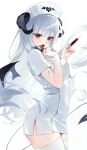  1girl absurdres black_eyes black_horns blood blush commentary_request curled_horns demon_tail demon_wings fang hat highres holding holding_syringe horns licking licking_finger long_hair looking_at_viewer myowa nurse nurse_cap open_mouth original short_sleeves simple_background solo syringe tail thighhighs white_background white_hair white_thighhighs wings zettai_ryouiki 