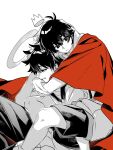  2boys absurdres arms_around_neck black_eyes black_hair cape chinese_commentary closed_mouth commentary_request crown false_memory greyscale guan_chao_(false_memory) halo highres hug male_focus mini_crown monochrome multiple_boys protagonist_halo red_cape rongyuan_gulu shorts simple_background spot_color sweatdrop white_background yaoi 