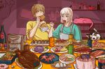  1boy 1girl absurdres apron bacon blonde_hair burger cake chainsaw_man chicken_(food) closed_eyes dangle_earrings death_devil_(chainsaw_man) denji_(chainsaw_man) dog donut earrings fami_(chainsaw_man) food fried_chicken fried_egg highres inigoiio jewelry meowy_(chainsaw_man) mukbang noodles onigiri pasta pochita_(chainsaw_man) ramen ringed_eyes sharp_teeth snack spaghetti starfish table teeth white_hair yellow_eyes 