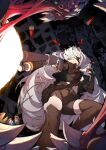  1girl absurdres ammunition bandages belt belt_buckle black_belt black_gloves black_shorts black_thighhighs broken broken_chain buckle bullet chain commentary eyepatch finger_on_trigger fingerless_gloves firing gloves gun highres holding holding_bullet holding_gun holding_shell_casing holding_weapon jewelry kimkichun long_hair looking_at_another looking_down midriff original pendant pump_action red_eyes scar scar_on_cheek scar_on_face sharp_teeth shorts shotgun shotgun_shell solo standing teeth thighhighs very_long_hair weapon white_hair 