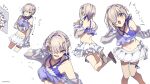  1girl bare_shoulders blush breasts carimarica colored_inner_hair commentary_request fate/grand_order fate_(series) hair_over_one_eye hair_ribbon large_breasts long_sleeves looking_at_viewer mash_kyrielight mash_kyrielight_(swimsuit_of_perpetual_summer_ver.03) miniskirt multicolored_hair multiple_views navel open_mouth pink_hair ponytail purple_eyes purple_hair ribbon sandals see-through_clothes see-through_shrug short_hair short_ponytail shrug_(clothing) skirt smile white_skirt 
