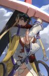  1girl absurdres bead_necklace beads bikini blue_sky breasts bridal_gauntlets brown_hair cleavage commentary cropped earrings fate/grand_order fate_(series) grin hair_between_eyes highres hoop_earrings ichimegasa japanese_clothes jewelry kimono large_breasts long_hair long_sleeves looking_at_viewer necklace neko_no_kedama prayer_beads purple_eyes short_kimono sky smile solo swimsuit thighs untranslatable_commentary vest white_background white_bikini white_kimono xuangzang_sanzang_(fate) xuangzang_sanzang_(first_ascension)_(fate) yellow_vest 