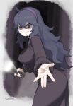  1girl @_@ ahoge black_background black_dress black_hair border breasts commentary cowboy_shot double-parted_bangs dress english_commentary flashlight gradient_background hair_between_eyes hairband hex_maniac_(pokemon) hex_maniac_(pokemon_xy) highres holding holding_flashlight long_dress long_hair looking_at_viewer medium_breasts messy_hair mojyo moojicarp offering_hand outside_border pokemon pokemon_x_and_y purple_eyes purple_hair purple_hairband raised_inner_eyebrows scared shaded_face sidelocks simple_background solo twitter_username wavy_mouth white_border 