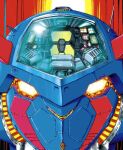  1990s_(style) 70s_robot_anime_geppy-x canopy_(aircraft) chair close-up cockpit commentary_request geppy-x-1 glowing glowing_eyes looking_at_viewer mecha mecha_focus no_humans official_art portrait radio_antenna retro_artstyle robot science_fiction straight-on super_robot yamato_akira yellow_eyes 