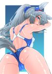  1girl absurdres animal_ears ass bare_shoulders blue_eyes blue_hairband blush bokkehebkbk breasts cameltoe commentary_request competition_swimsuit dock_(tail) ear_covers from_behind grey_hair hair_between_eyes hair_ornament hair_scrunchie hairband headband highres horse_ears horse_girl horse_tail long_hair looking_at_viewer looking_back multicolored_hairband one-piece_swimsuit parted_lips ponytail scrunchie small_breasts solo striped_clothes striped_hairband swimsuit tail tamamo_cross_(umamusume) two-tone_hairband umamusume 