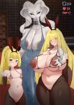  3girls absurdres areola_slip belly blonde_hair breast_suppress breastless_clothes breasts closed_eyes covered_abs covered_penis curvy detached_sleeves furry futanari gigantic_breasts green_eyes hand_on_another's_neck highres huge_penis jewelry large_areolae lillie_(pokemon) looking_at_viewer lusamine_(pokemon) mother_and_child mother_and_daughter multiple_girls muscular muscular_female neck_ring nightgown nipples nontraditional_playboy_bunny oyakodon_(sex) parent_and_child penis plump pokemon pokemon_sun_and_moon pokephilia ponytail puffy_nipples pussy reshiram small_breasts soyasoce thick_thighs thighs v wide_hips 