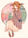  1girl absurdres ahoge blunt_bangs blush boots border braid bright_pupils brown_boots brown_eyes brown_ribbon closed_mouth commentary_request contrast_collar dress fashion frilled_dress frilled_sleeves frills green_socks hair_ribbon hand_up highres horns invisible_chair leaf_in_mouth long_hair mori_kei neck_ribbon nishida_yume orange_hair original outside_border polka_dot polka_dot_dress red_ribbon ribbon round_border short_sleeves sitting socks solo striped_clothes striped_socks twin_braids vertical-striped_clothes vertical-striped_socks white_border white_pupils 