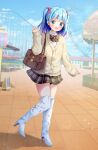  1girl :d absurdres amusement_park aqua_eyes aqua_hair arm_at_side bag black_bow black_bowtie black_skirt blue_sky blurry blurry_background blush boots bow bowtie brown_bag brown_cardigan buttons cardigan collared_shirt colored_tips commentary_request commission day depth_of_field diagonal-striped_bow diagonal-striped_bowtie diagonal-striped_clothes ferris_wheel hair_ornament hair_scrunchie hand_up high_heels highres long_sleeves looking_at_viewer medium_hair miniskirt multicolored_hair open_mouth original outdoors pixiv_commission plaid_clothes plaid_skirt pleated_skirt polka_dot polka_dot_scrunchie red_scrunchie roller_coaster school_bag school_uniform scrunchie shirt shoulder_bag signature skirt sky smile solo straight_hair striped_bow striped_bowtie striped_clothes sugutsuka_rerun two_side_up white_boots white_shirt 