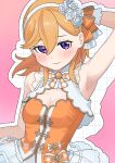  1girl absurdres arm_at_side arm_behind_head armpits blush bow breasts checkered_bow checkered_clothes chinese_clothes cleavage cleavage_cutout clothing_cutout commentary_request commission facing_viewer flower_hairband frills gem hair_between_eyes hair_ribbon hairband highres looking_at_viewer love_live! love_live!_superstar!! medium_breasts orange_gem orange_hair orange_ribbon presenting_own_armpit purple_eyes ribbon shibuya_kanon skeb_commission skirt sleeveless smile solo swept_bangs tanaka_yaku white_hairband white_skirt white_wrist_cuffs wrist_cuffs 