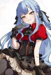  1girl absurdres amamiyayk bang_dream! bang_dream!_it's_mygo!!!!! black_corset black_gloves black_pantyhose black_skirt chinese_commentary commentary_request corset gloves grin highres layered_skirt long_hair looking_at_viewer oblivionis_(bang_dream!) pantyhose red_shirt shirt simple_background skirt smile solo togawa_sakiko two_side_up white_background 