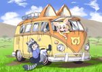  &gt;_&lt; animal_ears black_footwear black_hair black_skirt blonde_hair blush boots clenched_teeth closed_mouth cloud commentary_request common_raccoon_(kemono_friends) day dirty eyebrows_visible_through_hair fennec_(kemono_friends) fox_ears full_body grass ground_vehicle hair_between_eyes japari_symbol kemono_friends looking_at_another motor_vehicle multicolored_hair multiple_girls open_window outdoors pleated_skirt puffy_short_sleeves puffy_sleeves pxton raccoon_ears raccoon_tail short_sleeves silver_hair skirt sky smile tail teeth tree van volkswagen_type_2 white_hair white_legwear window 