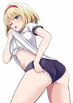  alice_margatroid amisu ass blonde_hair blue_buruma blue_eyes bra buruma commentary_request gym_uniform hairband lifted_by_self one_eye_closed panties panties_under_buruma shirt shirt_lift short_hair short_sleeves simple_background solo sweat touhou twisted_torso underwear white_background white_bra white_panties white_shirt 