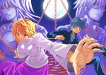  2boys 2girls arcueid_brunestud arms_at_sides bad_id bad_pixiv_id black_hair blonde_hair blue_eyes blue_jacket blue_pants breasts chain collared_shirt colored_sclera commentary_request crazy_eyes dark_persona dual_wielding evil_grin evil_smile fighting_stance fingernails floating_clothes folding_knife foreshortening full_moon gakuran grin holding jacket knife large_breasts long_skirt looking_at_another looking_at_viewer mam_(weizhima23) melty_blood messy_hair moon multiple_boys multiple_girls mystic_eyes_of_death_perception mystic_eyes_of_enchantment nanatsu-yoru nanaya_shiki night open_hands outstretched_arm outstretched_hand pants purple_skirt red_arcueid red_eyes red_sclera reflection reflective_liquid reverse_grip school_uniform serious shade sharp_fingernails shirt short_hair sidelocks single_hair_intake skirt smile smug sweater switchblade tohno_shiki tsukihime turtleneck turtleneck_sweater vampire water white_shirt white_sweater yellow_eyes 