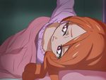  arm_up hair_down haruyama_kazunori kirakira_precure_a_la_mode long_hair lying on_side orange_hair pajamas pink_eyes precure solo usami_ichika 