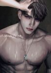  1boy 1girl abs aegyo_sal artist_name badegg-mm brown_hair caleb_(love_and_deepspace) collarbone dog_tags female_pov grabbing_another's_hair holding_another's_hair looking_at_viewer love_and_deepspace male_focus nipples nose parted_bangs parted_lips pectorals pov pov_hands protagonist_(love_and_deepspace) purple_eyes tongue tongue_out topless_male upper_body 