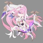  1girl ;) absurdres bell black_shorts boots bow_(weapon) breasts chibi chibi_only chinese_commentary commentary_request corset elf elysia_(herrscher_of_human:_ego)_(honkai_impact) elysia_(honkai_impact) gloves grey_background highres holding holding_bow_(weapon) holding_weapon honkai_(series) honkai_impact_3rd liye long_pointy_ears looking_at_viewer medium_breasts multicolored_hair one_eye_closed pink_hair pointy_ears purple_eyes short_shorts shorts simple_background smile solo two-tone_hair veil weapon white_boots white_corset white_gloves white_hair white_veil 