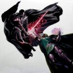  2boys alex_ross armor cape darksider_(star_wars) darth_vader doctor_doom energy_sword fantastic_four fighting_stance green_cape green_hood green_tunic grey_armor hood hooded_cape lightsaber male_focus marvel mask metal_mask multiple_boys power_armor red_lightsaber sith star_wars sword tunic weapon 