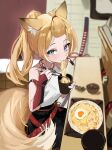 1girl animal_ear_fluff animal_ears bare_shoulders blue_eyes blurry blurry_background blush chinese_commentary chopsticks commentary_request detached_sleeves eating food food_on_face fox_ears fox_girl fox_tail highres katana long_hair looking_at_viewer mal0 multicolored_hair noodles original ponytail ramen sitting solo streaked_hair sword tail weapon white_hair 