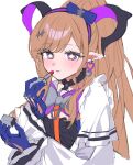  1girl applying_makeup arknights arknights:_endfield black_hairband black_horns blue_gloves blush brown_hair cosmetics earrings gloves hair_ornament hairband heart heart_earrings highres holding holding_lipstick_tube horns jewelry liino_(arknights) lipstick_tube long_hair long_sleeves ooo00_cha parted_lips pointy_ears purple_eyes purple_hairband purple_horns shirt simple_background sketch solo star-shaped_pupils star_(symbol) symbol-shaped_pupils white_background white_shirt 
