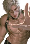  1boy abs aegyo_sal alternate_hair_length_(longer) artist_name badegg-mm belt black_belt black_collar black_pants chain chain_necklace chest_belt collar collarbone ear_piercing grey_hair jewelry looking_at_viewer love_and_deepspace male_focus medium_hair muzzle_(mask) navel necklace nipples nose pants parted_bangs piercing red_eyes simple_background solo sylus_(love_and_deepspace) sylus_(tartarus)_(love_and_deepspace) tongue tongue_out topless_male upper_body white_background wolf_cut 