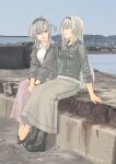  2girls absurdres alternate_costume black_hairband boots breast_pocket color_connection commentary_request full_body fuyutsuki_(kancolle) fuyutsuki_(rainy_season)_(kancolle) grey_boots grey_hair grey_jacket grey_skirt hair_color_connection hairband highres jacket kantai_collection long_hair multiple_girls official_alternate_costume one_side_up outdoors photo_background pocket pot-de siblings sisters skirt suzutsuki_(kancolle) 