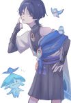  1boy :p akanbe aranara_(genshin_impact) ararycan_(genshin_impact) arm_at_side armor belt bird black_belt black_bodysuit black_bow black_shorts blue_bird blue_cape blue_gem blue_sleeves blunt_ends bodysuit bow bridal_gauntlets cape closed_mouth clothing_cutout covered_collarbone cowboy_shot creature eyelid_pull eyeliner feathers finch finger_to_cheek gem genshin_impact gold gold_ring grey_bridal_gauntlets hair_intakes hakama hakama_shorts hand_on_own_hip hand_up highres hip_vent index_finger_raised japanese_armor japanese_clothes kimono kote kurokote layered_sleeves leaning_forward makeup male_focus mandarin_collar middle_ring notice_lines open_clothes open_kimono pleated_shorts pom_pom_(clothes) purple_eyes purple_rope purple_sash red_eyeliner rope s0bk8 sash scaramouche_(genshin_impact) short_sleeves shorts shoulder_peek side_cape single_bare_shoulder single_off_shoulder solo tassel tongue tongue_out tsurime wanderer_(genshin_impact) white_background white_kimono white_sleeves white_trim wispy_bangs wolf_cut yellow_feathers 