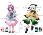  2girls blue_shirt color_guide commentary_request green_eyes green_hair green_skirt hair_ornament hat heart jitome kaigen_1025 komeiji_koishi komeiji_satori long_sleeves looking_at_viewer multiple_girls official_style pink_hair pink_skirt pointing_out_the_details purple_hair reference_sheet shirt skirt sleeves_past_wrists smile smug touhou translated white_background yellow_shirt zun_(style) zun_pose 