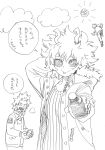  1girl 3boys :d :p animal_print apologizing arm_behind_head arm_up ashido_mina badge bakugou_katsuki boku_no_hero_academia bottle buttons closed_mouth cloud coat colored_sclera commentary_request crosshatching dot_nose egg flying freckles fringe_trim fur-trimmed_coat fur-trimmed_hood fur_trim graphite_(medium) greyscale hair_horns hand_up hands_up hatching_(texture) highres holding holding_bottle holding_egg hood hood_down hooded_coat horikoshi_kouhei horn_ornament horn_ring horns incoming_gift ketchup_bottle kirishima_eijiro linear_hatching long_sleeves looking_at_viewer looking_to_the_side messy_hair midoriya_izuku monochrome multiple_boys no_pupils objectification official_artist_extra open_clothes open_coat open_mouth pocket print_scarf raised_inner_eyebrows ribbed_sweater sanpaku scarf sharp_teeth short_hair simple_background smile speech_bubble spiked_hair split_mouth sun sweater talking teeth tiger_print tongue tongue_out traditional_media translation_request tsurime turning_head unbuttoned upper_body upper_teeth_only v-shaped_eyebrows white_background 
