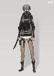  bangs black_footwear boots dagger full_body gas_mask grey_background grey_eyes grey_hair hair_between_eyes holding holding_weapon jacket load_bearing_equipment looking_at_viewer mask neco original pants short_hair simple_background solo standing weapon 