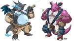  anthro belt biceps blue_fire cigar clothed clothing coin dragon duo fire fire_breathing horn maldu male mega_charizard mega_charizard_x mega_evolution membranous_wings money_bag muscular nidoking nintendo open_mouth pants pecs pok&eacute;mon purple_eyes red_eyes scalie smile smoke smoking teeth tongue topless video_games wings 