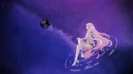  1girl black_shorts boots breasts cheetles commentary corset earth_(planet) elysia_(herrscher_of_human:_ego)_(honkai_impact) elysia_(honkai_impact) highres honkai_(series) honkai_impact_3rd long_hair medium_breasts multicolored_hair pink_hair planet short_shorts shorts solo space two-tone_hair very_long_hair white_boots white_corset white_hair 